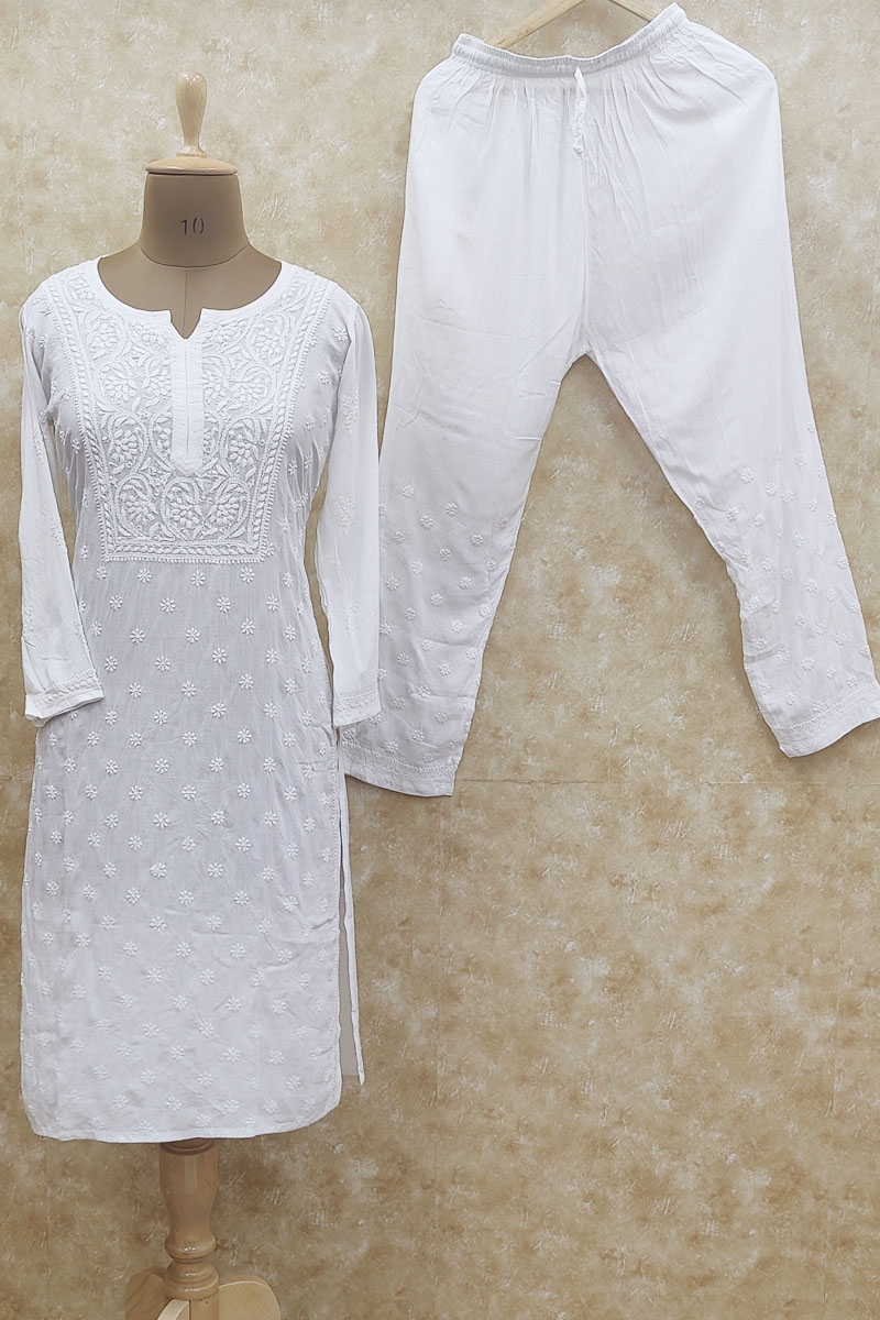 White Colour Hand Embroidered Allover  Lucknowi Chikankari Kurta Bottom-(malmal Cotton) Mc251892